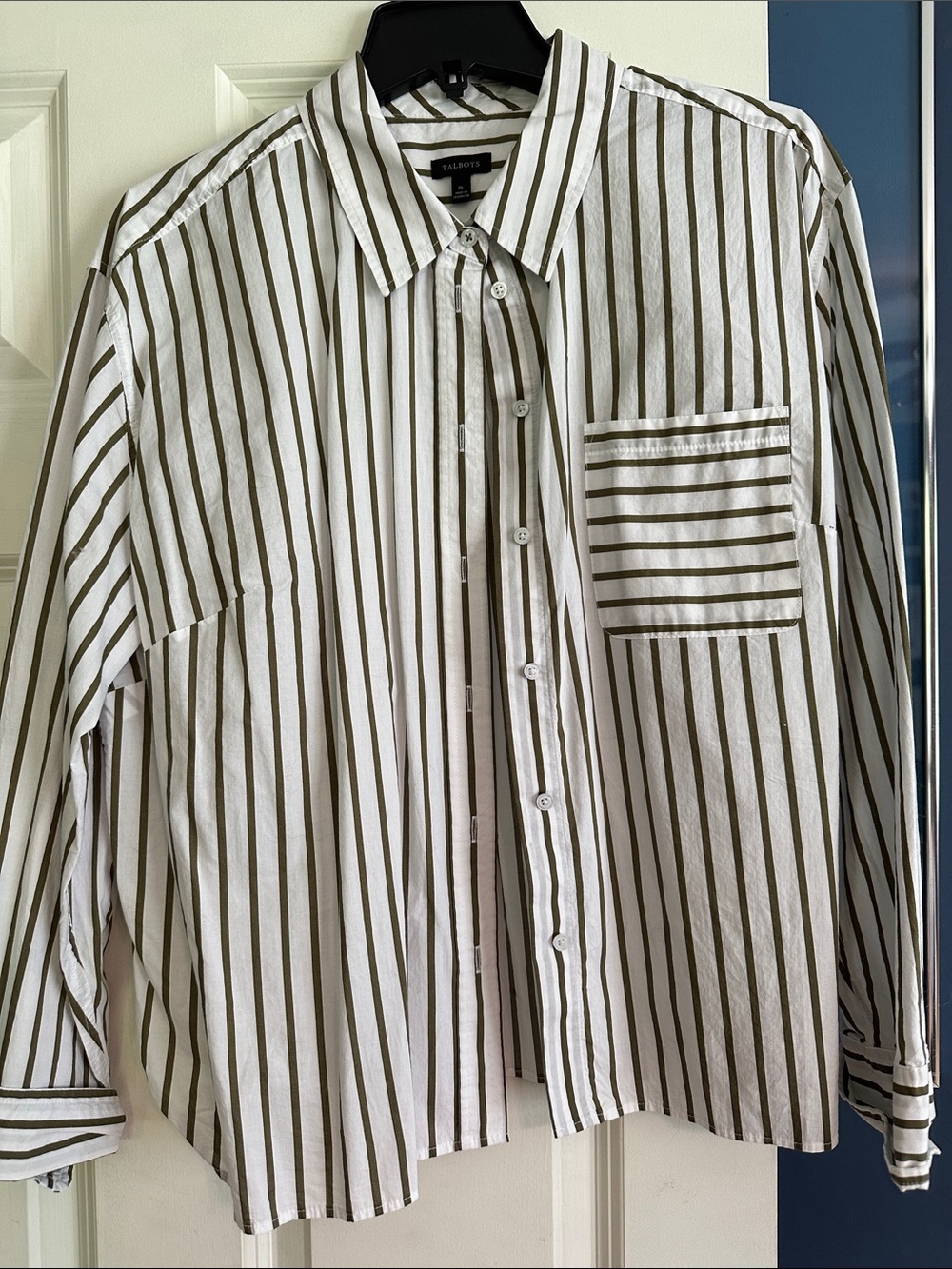 Talbots White Shirt with Olive Stripe Detail